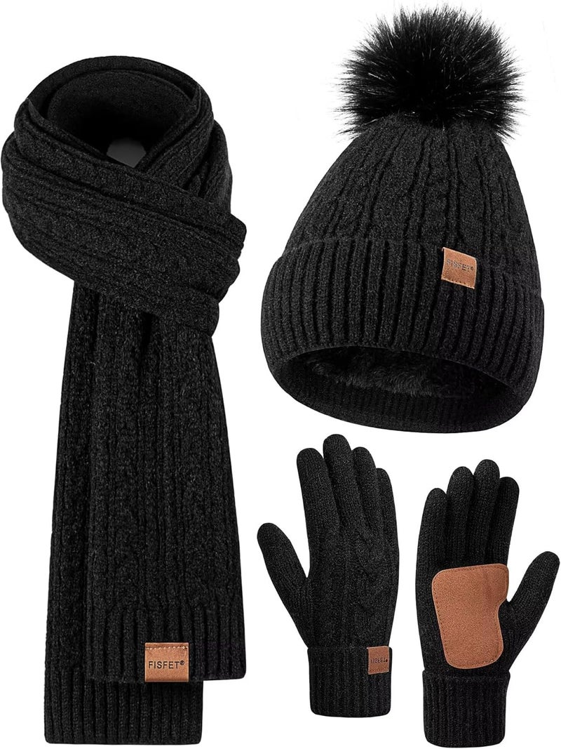 FISFET Winter Beanie Hat Scarf Gloves Set for Women, Pom Pom Beanie Fleece Lined Knit Neck Warmer Touchscreen Gloves 3 in 1 Gift Set - Image 1